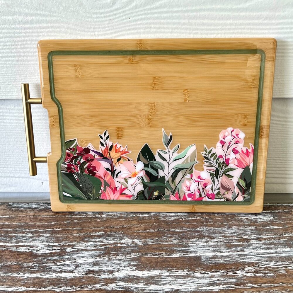 Boho Chic Flowers Resin Wooden Cutting Board Charcuterie Board Handle Cheese - Picture 2 of 6
